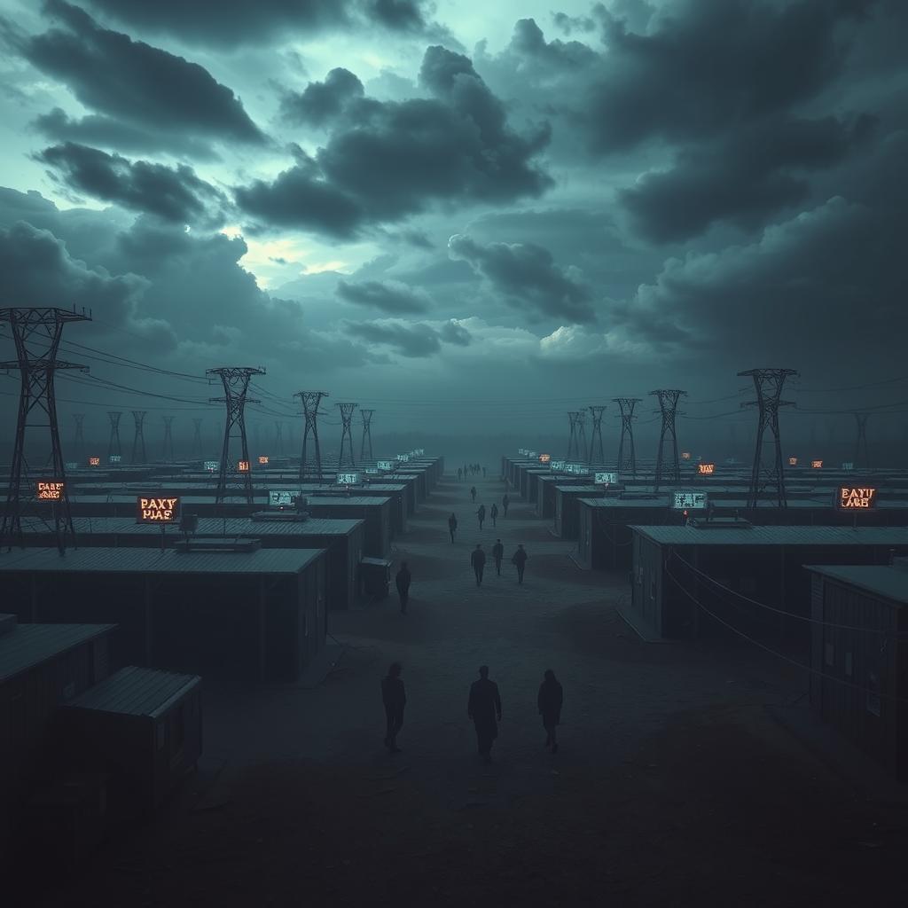 A surreal representation of a virtual concentration camp, depicting a digital environment that combines elements of a concentration camp with futuristic technology