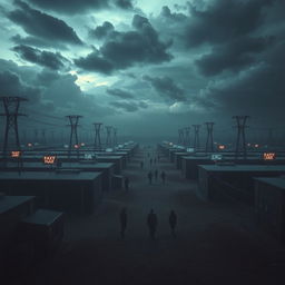 A surreal representation of a virtual concentration camp, depicting a digital environment that combines elements of a concentration camp with futuristic technology