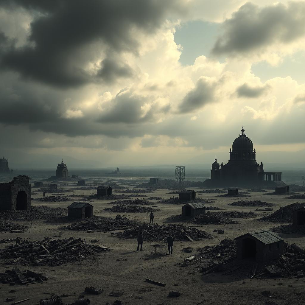 A powerful and impactful representation of the concept of a Global Holocaust, depicted through a vast, desolate landscape that shows the aftermath of devastation on a global scale