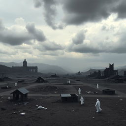 A powerful and impactful representation of the concept of a Global Holocaust, depicted through a vast, desolate landscape that shows the aftermath of devastation on a global scale