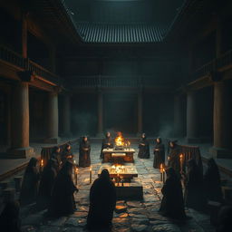 A dramatic and intense scene set in an ancient Japanese castle, depicting a ritualistic atmosphere with dark undertones