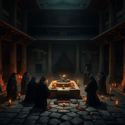 A dramatic and intense scene set in an ancient Japanese castle, depicting a ritualistic atmosphere with dark undertones