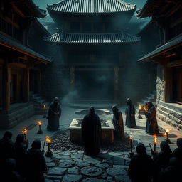 A dramatic and intense scene set in an ancient Japanese castle, depicting a ritualistic atmosphere with dark undertones