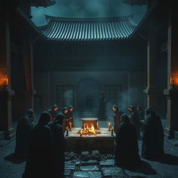 A dramatic and intense scene set in an ancient Japanese castle, depicting a ritualistic atmosphere with dark undertones