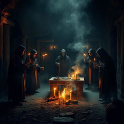 A haunting and atmospheric scene depicting an ancient ritual of human sacrifice in an archaic setting