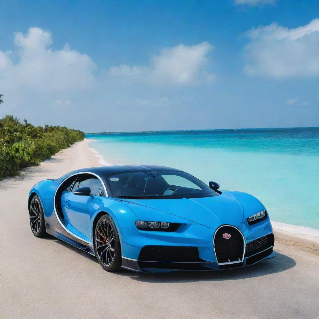 A real-life image of a sophisticated, glossy blue Bugatti Chiron majestically positioned on the Laamu Link Road in the Maldives. The breathtaking views of the turquoise water and pristine beaches form an amazing backdrop.