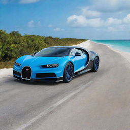 A real-life image of a sophisticated, glossy blue Bugatti Chiron majestically positioned on the Laamu Link Road in the Maldives. The breathtaking views of the turquoise water and pristine beaches form an amazing backdrop.