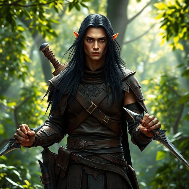 A male Elven Ranger standing confidently in an enchanting forest