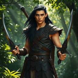 A male Elven Ranger standing confidently in an enchanting forest