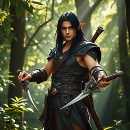 A male Elven Ranger standing confidently in an enchanting forest