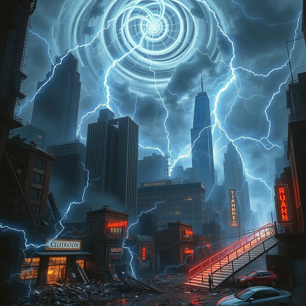 A dramatic portrayal of a devastated city influenced by the theme of electromagnetism