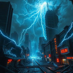 A dramatic portrayal of a devastated city influenced by the theme of electromagnetism