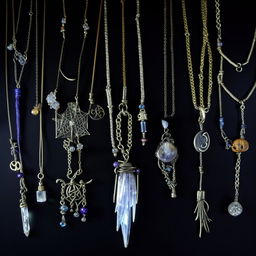 An assortment of magical witch necklaces, adorned with crystals, moon symbols, and rustic metal charms, shimmering under mysterious low light.