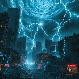 A dramatic portrayal of a devastated city influenced by the theme of electromagnetism