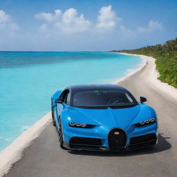 A real-life image of a sophisticated, glossy blue Bugatti Chiron majestically positioned on the Laamu Link Road in the Maldives. The breathtaking views of the turquoise water and pristine beaches form an amazing backdrop.