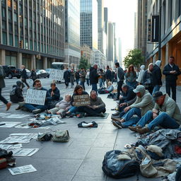 A poignant urban scene depicting a group of homeless individuals on a bustling city street