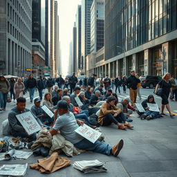 A poignant urban scene depicting a group of homeless individuals on a bustling city street