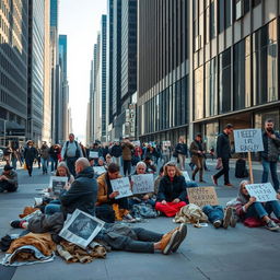 A poignant urban scene depicting a group of homeless individuals on a bustling city street