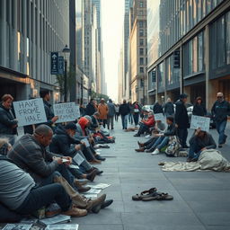 A poignant urban scene depicting a group of homeless individuals on a bustling city street