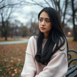 A young woman with long, flowing black hair, sitting on the edge of a park bench under a gloomy sky, with tears streaming down her face