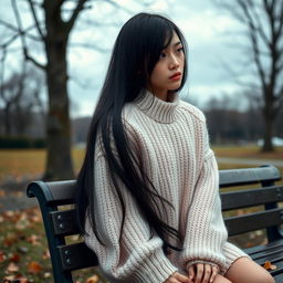 A young woman with long, flowing black hair, sitting on the edge of a park bench under a gloomy sky, with tears streaming down her face