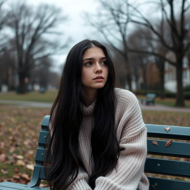 A young woman with long, flowing black hair, sitting on the edge of a park bench under a gloomy sky, with tears streaming down her face