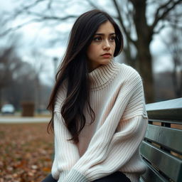 A young woman with long, flowing black hair, sitting on the edge of a park bench under a gloomy sky, with tears streaming down her face