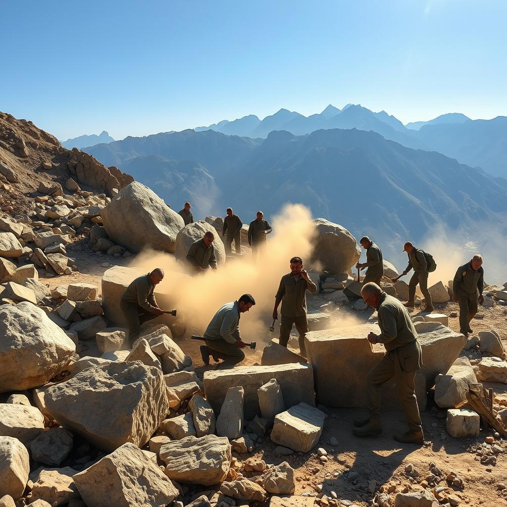 A group of stone workers laboring diligently in a rugged quarry