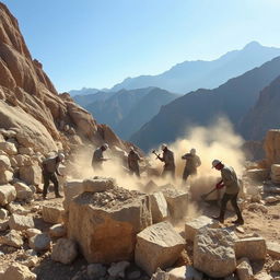 A group of stone workers laboring diligently in a rugged quarry