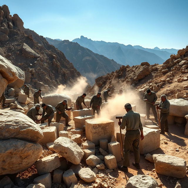 A group of stone workers laboring diligently in a rugged quarry