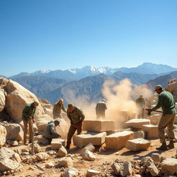 A group of stone workers laboring diligently in a rugged quarry