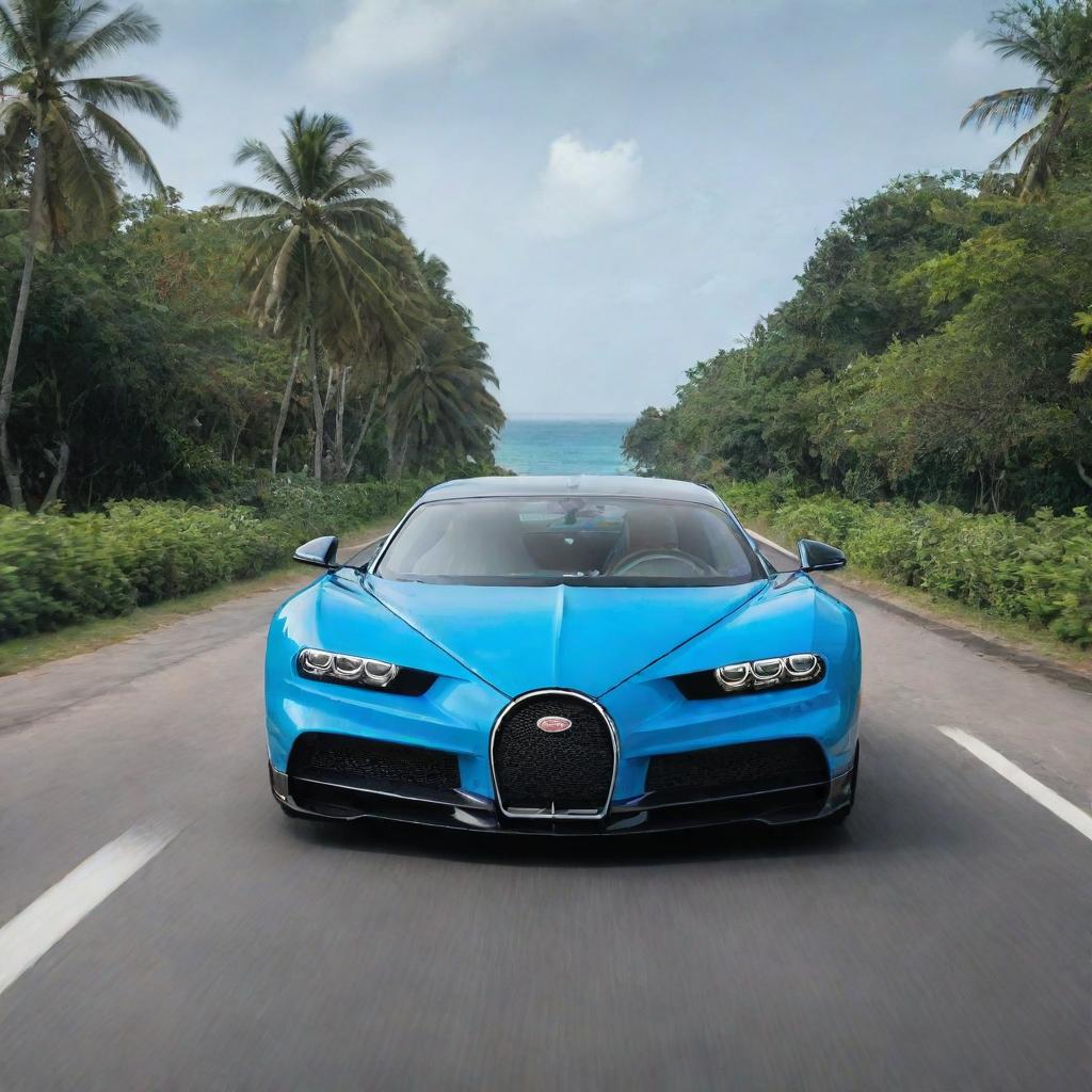 An image showcasing a blue Bugatti Chiron driving along a road on an idyllic Maldivian island, surrounded by tropical vegetation with the sparkling turquoise Indian Ocean in the background.