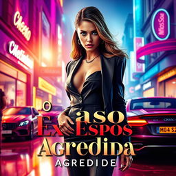 A cinema banner featuring a glamorous, stylish young woman embodying a modern 'patricinha' aesthetic, standing confidently with a fierce expression