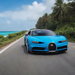 An image showcasing a blue Bugatti Chiron driving along a road on an idyllic Maldivian island, surrounded by tropical vegetation with the sparkling turquoise Indian Ocean in the background.