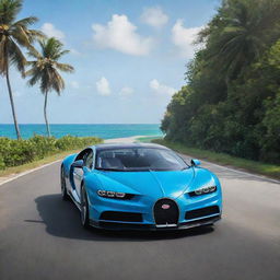 An image showcasing a blue Bugatti Chiron driving along a road on an idyllic Maldivian island, surrounded by tropical vegetation with the sparkling turquoise Indian Ocean in the background.