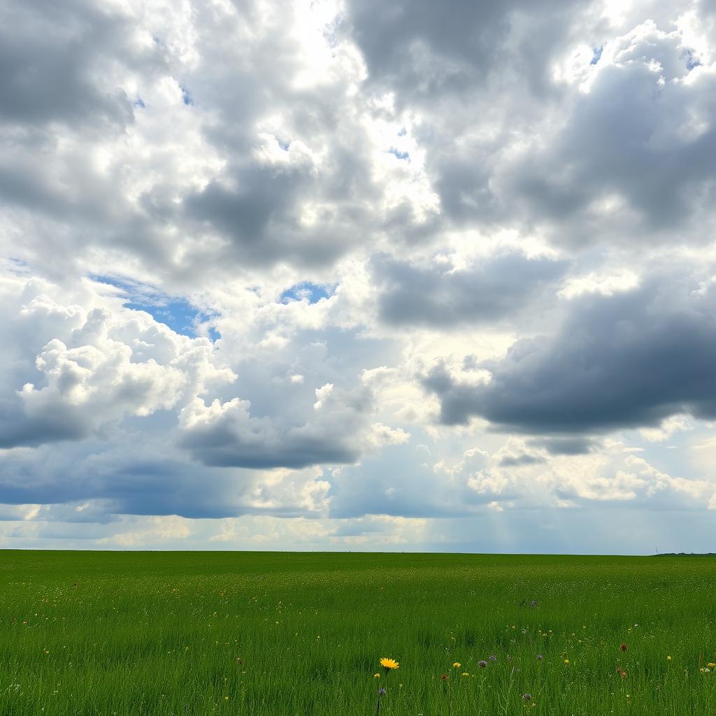 A serene and expansive open field under a vast, cloudy sky, showcasing the beauty of nature