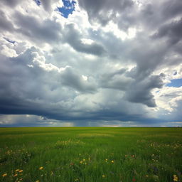 A serene and expansive open field under a vast, cloudy sky, showcasing the beauty of nature