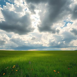 A serene and expansive open field under a vast, cloudy sky, showcasing the beauty of nature