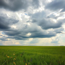 A serene and expansive open field under a vast, cloudy sky, showcasing the beauty of nature