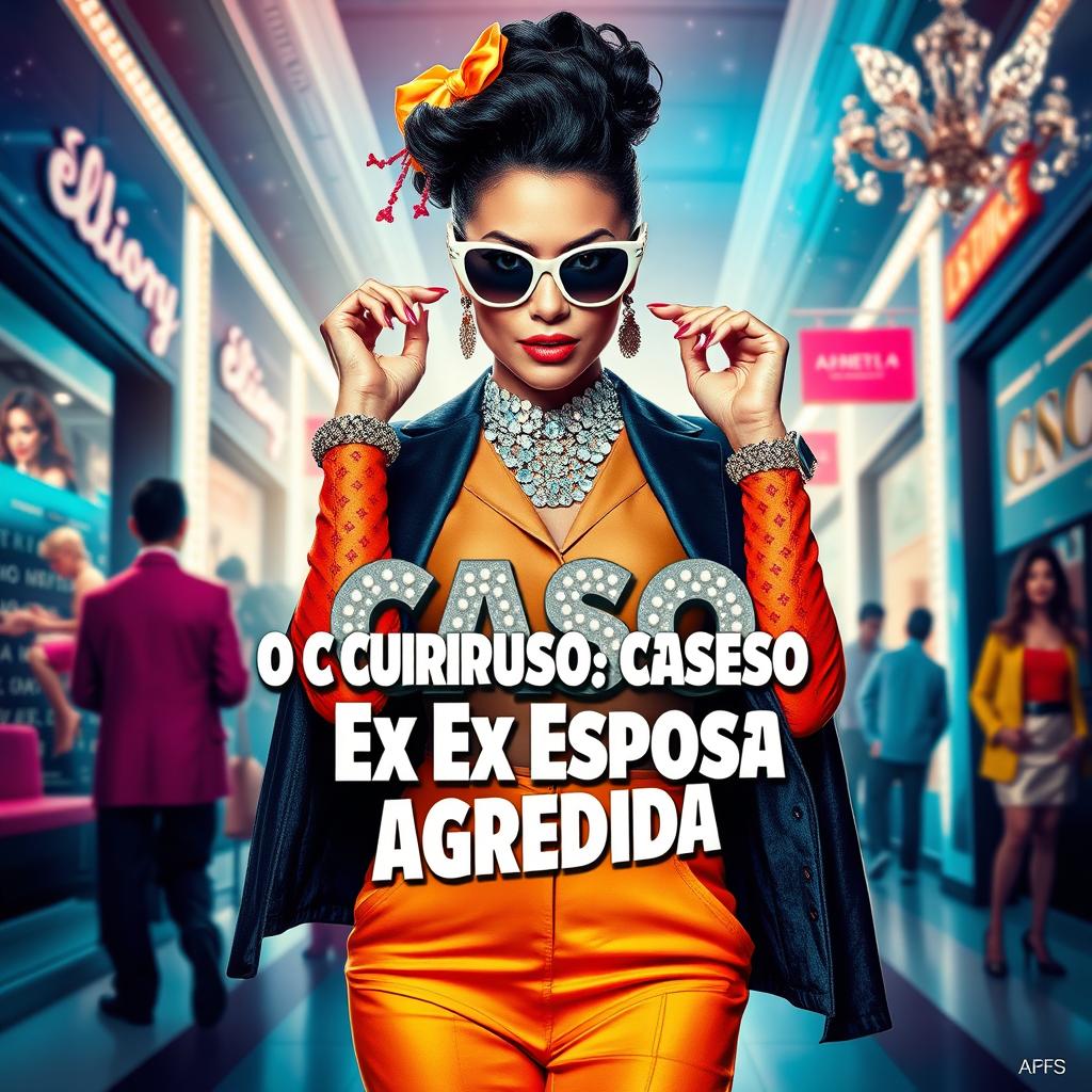 A theatrical movie banner featuring a glamorous and stylish 'patricinha' character, dressed in fashionable attire with bright colors and bold accessories