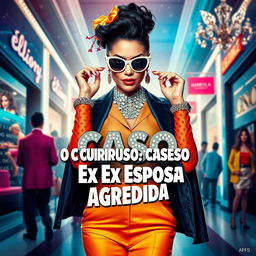 A theatrical movie banner featuring a glamorous and stylish 'patricinha' character, dressed in fashionable attire with bright colors and bold accessories