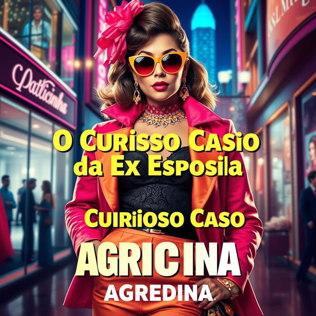 A theatrical movie banner featuring a glamorous and stylish 'patricinha' character, dressed in fashionable attire with bright colors and bold accessories