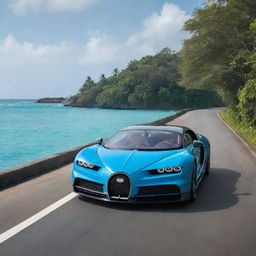 An image showcasing a blue Bugatti Chiron driving along a road on an idyllic Maldivian island, surrounded by tropical vegetation with the sparkling turquoise Indian Ocean in the background.