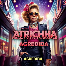 A theatrical movie banner featuring a glamorous and stylish 'patricinha' character, dressed in fashionable attire with bright colors and bold accessories