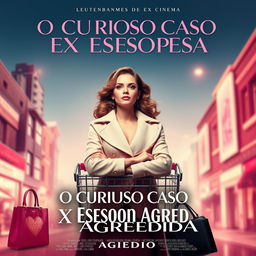 Um banner de cinema chamativo com o título do filme "O Curioso Caso da Ex Esposa Agredida" em destaque