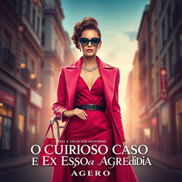 Um banner de cinema chamativo com o título do filme "O Curioso Caso da Ex Esposa Agredida" em destaque