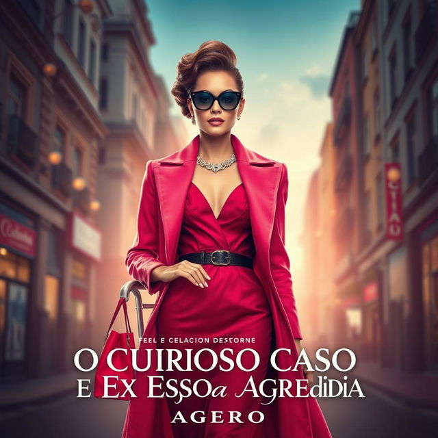 Um banner de cinema chamativo com o título do filme "O Curioso Caso da Ex Esposa Agredida" em destaque