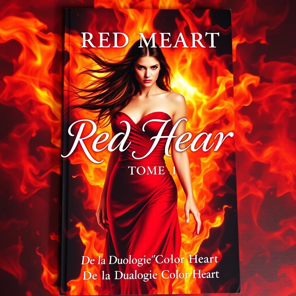 A dramatic romance book cover featuring a striking woman emerging from vivid flames