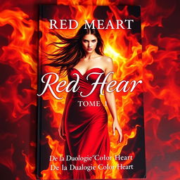 A dramatic romance book cover featuring a striking woman emerging from vivid flames