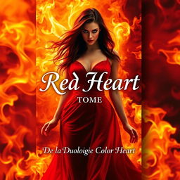 A dramatic romance book cover featuring a striking woman emerging from vivid flames